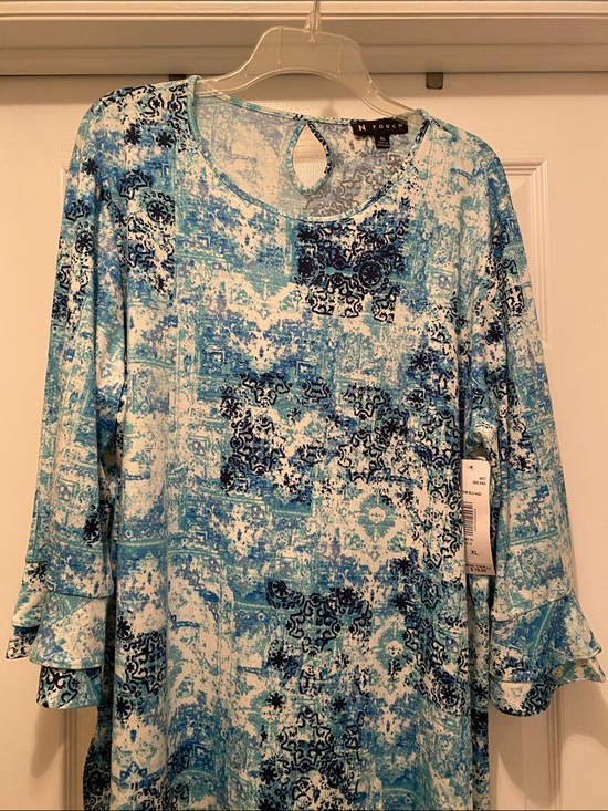 N Touch Tops - N Touch Blue Printed Keyhole Long-Sleeve Top
